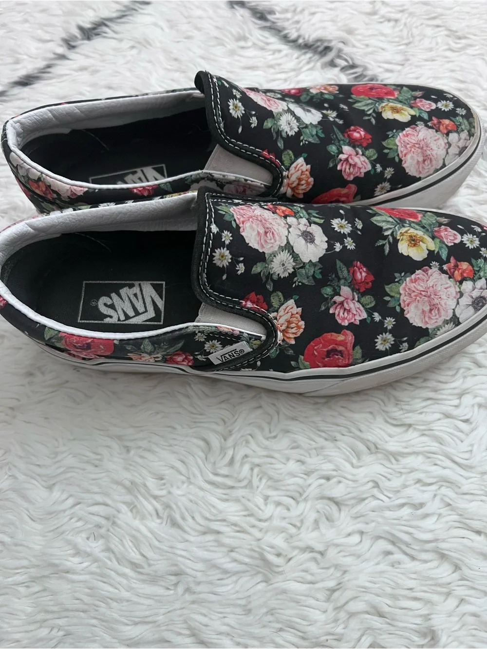 Vans Women’s Floral Slip-On Sneakers - Black with Pink & Red Flowers